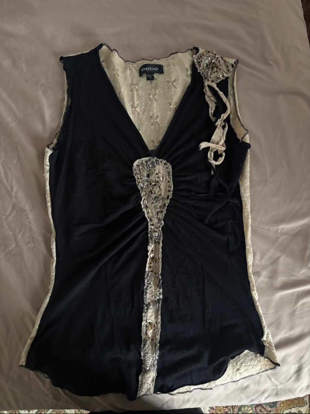 bebe Black Camisole with Cream Lace & Sequin Trim